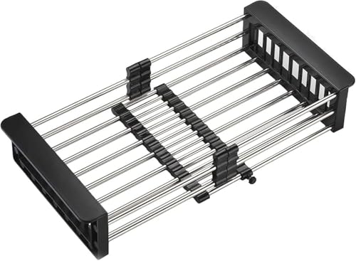 Kitchen Multi-Function Retractable Sink Dish Drying Rack, Stainless Steel Drainer for 10.7"-17" Sinks, Kitchen Countertop Organizer for Dishes, Vegetables, and Fruits (Black & Small) - color: Black, size: Small