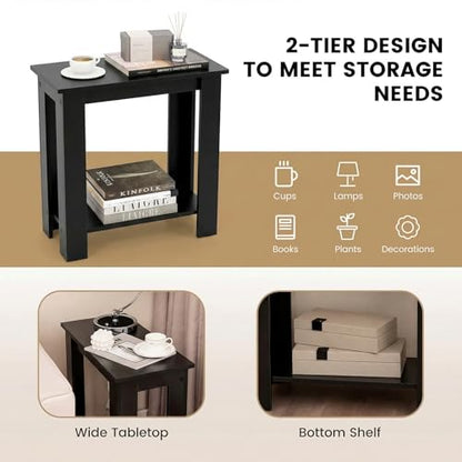 Giantex Narrow End Table Set of 2, 2-Tier Side Table with Open Storage Shelf, Retro Wood Sofa Table Bedside Tables for Small Spaces, Slim Nightstand for Living Room, Bedroom, Easy Assembly, Black - color: Black