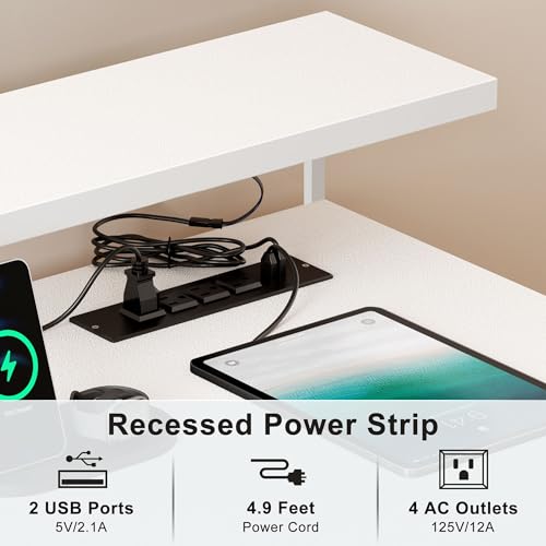 Need 60 inch Computer Desk with LED Lights & Power Outlets, Large Home Desk with Monitor Shelf, Writing Table Gaming Desk Home Office Desk, White - color: White, size: 60 inches