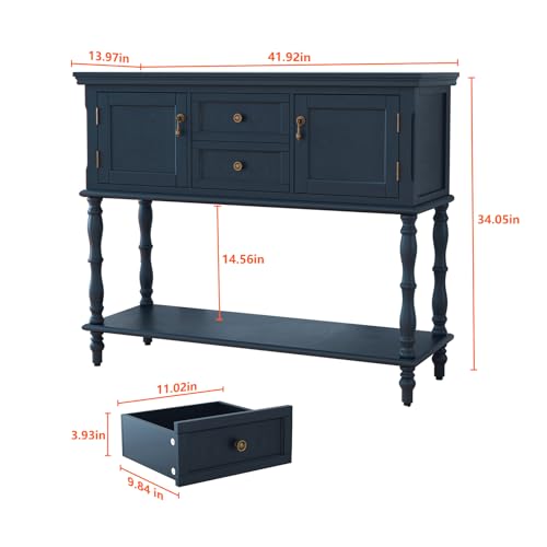 ARTPOWER Console Table with 2 Drawers, Retro Entryway Table with 2 Door Cabinets and Open Storage Shelf, Narrow Long Behind Couch Sofa Table for Living Room, Foyer, Hallway, Blue - color: Blue