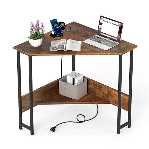 Tangkula Corner Desk with Power Outlet & USB Ports, Triangle Computer Desk with Charging Station, Storage Shelf, Space Saving Writing Desk, Vanity Table, Corner Desk for Small Space (Rustic Brown) - color: Rustic Brown