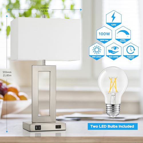 22'' Tall Table Lamps for Bedroom Set of 2, Silver Bedside Touch Control Lamp with 2 USB Ports&AC Outlet, Modern Living Room Table Lamp for Nightstand End Table, 3-Way Dimming with 2 E26 Edison Bulbs | 3 Way Dimmable, Touch Control, White Fabric Shade, E2