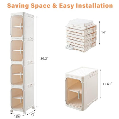 4-Tier Slim Bathroom Storage Cabinet, Tall Narrow Storage Cabinet with Movable Wheels, Adjustable Shelves, Skinny Bathroom Storage Organizer for Small Space, Bathroom, Kitchen, Laundry, Cream White - size: 4-Tiers