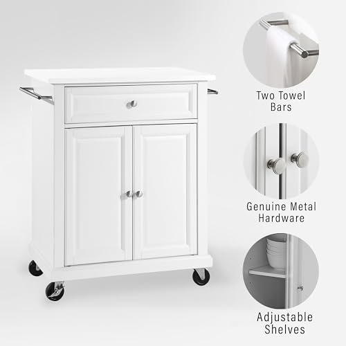 Crosley Furniture Compact Stone Top Small Rolling Cart with Shelves, Microwave Stand with Towel Rack, White - color: White, style: White Granite Top