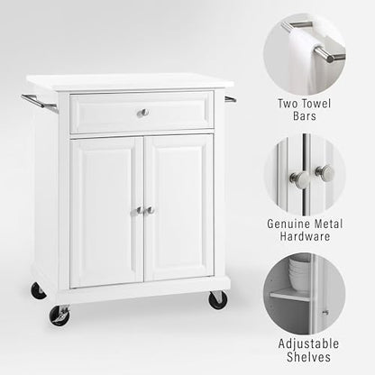 Crosley Furniture Compact Stone Top Small Rolling Cart with Shelves, Microwave Stand with Towel Rack, White - color: White, style: White Granite Top