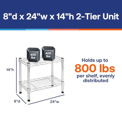 Shelving Inc. 8" d x 24" w Chrome Wire Shelving with 2 Tier Shelves, Weight Capacity 800lbs Per Shelf - size: 8" d x 24" w x 14" h