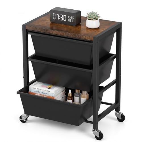 Rolling Cart with 3 Drawers, Plastic Drawer Storage Carts with Lockable Wheels & Wooden Tabletop, Metal Art Craft Utility Cart Organizer for Home Office Bedroom Dorm Bedside Classroom, Dark Black - color: Dark Black