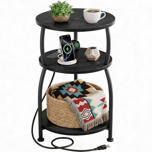 Round Side Table with Power Outlet, USB Type C Port, 3-Tier End Table | 15.7 in Nightstand for Small Spaces, Tall Side Table with Charging Station for Sofa Couch, Living Room Bedroom, Garden, Black - color: Black, size: 15.7''Dia with Power Strip