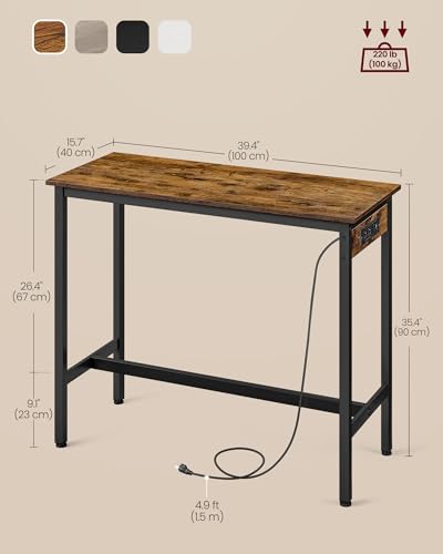 VASAGLE Bar Table, Narrow Long Kitchen Dining Table with Charging Station, Sturdy Metal Frame, Industrial, 15.7 x 39.4 x 35.4 Inches, Rustic Brown and Ink Black ULBT101K01 - color: Rustic Brown + Ink Black, size: 39.4"W, style: Industrial