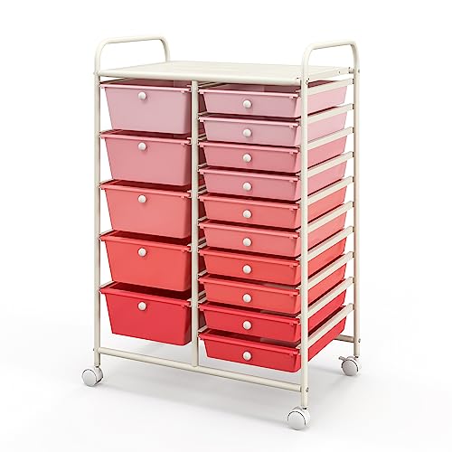 15-Drawer Rolling Cart, Mobile Storage Cart with Universal Wheel & Metal Frame, Multipurpose Trolley Utility Cart, Craft Art Cart Organizer for Home Office School - color: Gradient Pink, size: 15 Drawers (5 Big +10 Small)