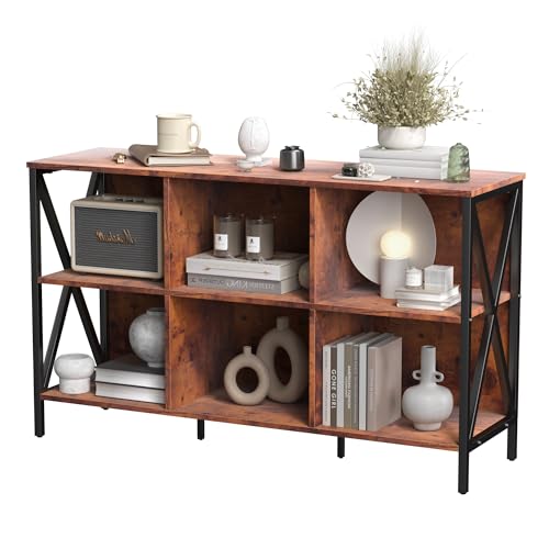 Horizontal Bookshelf Bookcase,Cube Storage Organizer Shelf,Industrial Wide Bookcase with Storage,Low Short Wide Cubby Shelves,Rustic Farmhouse Shelf for Office Bedroom Living Room,47 in(Brown,6 Cube) - color: Brown, size: 6 Cube