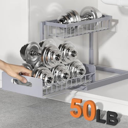 REALINN Under Sink Organizer, Pull Out Cabinet Organizer 2 Tier Slide Out Sink Shelf Cabinet Storage Shelves, Storage for Kitchen Bathroom, Grey, 2 Pack | For Kitchen and Bathroom, Slide Out Under Cabinet Storage, Metal Under Sink Storage with Sliding Dra