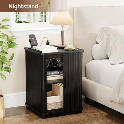 ONBRILL Square End Table with Charging Station, Fluted Storage Nightstand | Mid-Century Modern Accent Side Table with Sliding Door & Sturdy Pedestal, for Small Space, Living Room, Bedroom, Walnut - color: Black