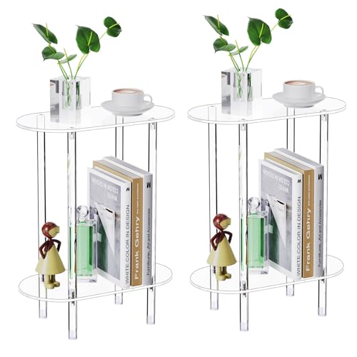 Clear Acrylic Narrow Side Table Set of 2 for Small Spaces, 15.75" L x 7.87" W x 19.82" H, 2 Tier Oval Slim End Table Nightstand, Small Skinny Bedside Table for Bedroom, Bathroom, Living Room - size: 2 Tier Oval 2-Pack