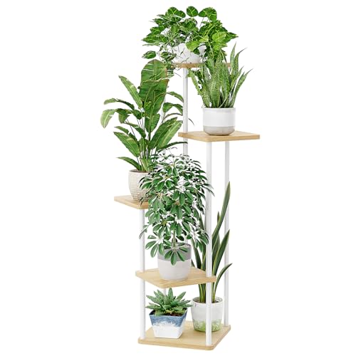 Bamworld White Plant Stand Indoor 5 Tier Plant Shelf for Multiple Plants Corner Flower Stand Metal Wood Plant Table for Patio Garden Balcony Living Room Bedroom - color: White Oak, size: 5 Tier