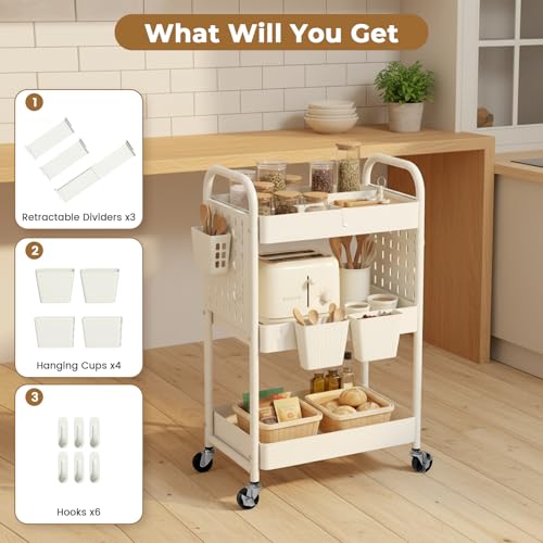 danpinera Craft Cart, Black Rolling Cart with Retractable Dividers & DIY Pegboards for Kitchen, Bedroom, Laundry - color: White
