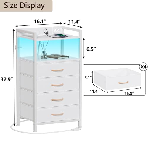 Furnulem White Nightstand with Charging Station,Small Dresser for Bedroom | 4 Drawer Tall Bedside Table with LED light & Remote Control, Metal Frame and Fabric Bins,Wood Desk Top,Easy Assemble for Dorm - color: White