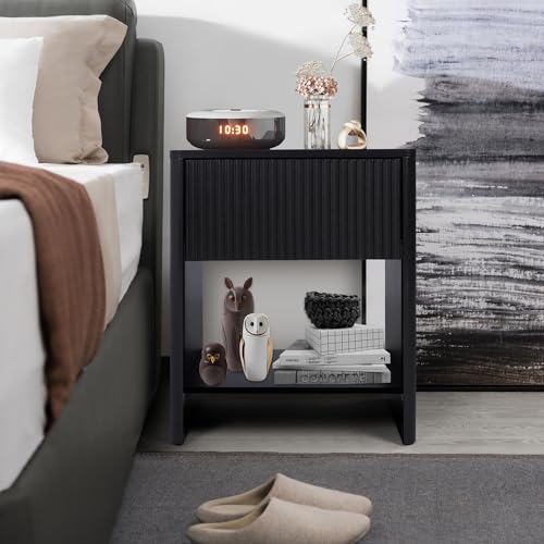 Mid Century Modern Night Stand with Drawer, Black Nightstand for Bedroom, Small End Table with Storage, Living Room/Bed Side Table with Drawer for Small Spaces, Fluted Cabinet Wood Nightstand - color: Black