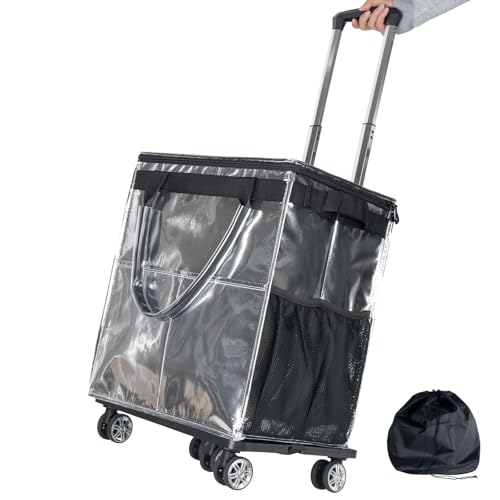 Reusable Grocery Bags on Wheels, Rolling Tote, 54L Portable Shopping Cart for Groceries with Wheels and Drawstring Bag, Trolley, Foldable, Silver - color: Silver