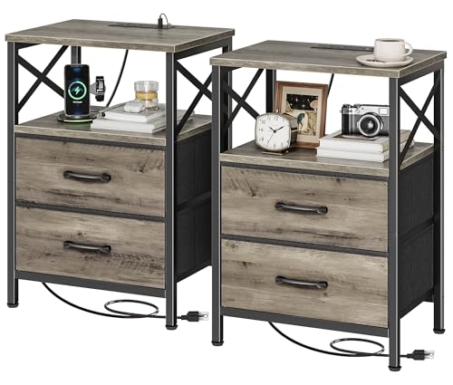 Huuger Nightstands Set of 2, Night Stand with Charger Station, 2 Drawer Side Table with Open Shelf, USB-C Port, End Table for Small Spaces, X Shaped Side Rail, Oak - color: Oak