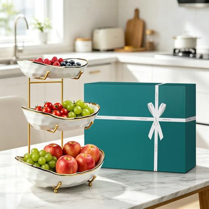 Fruit Bowl for Kitchen Counter - 3 Tier Ceramic Fruit Rack, Fruit Basket for Fresh Fruit&Veggies, Tiered Fruit Platter Serving Trays for Party - color: White-3 Tier