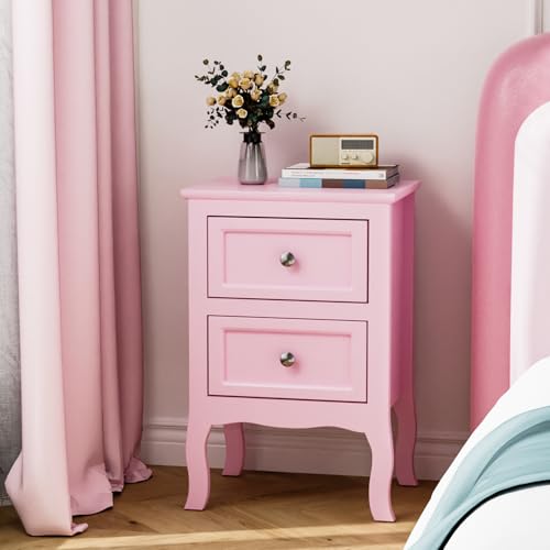 Bonnlo Nightstand with 2 Drawers, Night Stands for Bedrooms, Small Bed Side Table/White Night Stand with Drawers for Small Spaces, College Dorm, Kids’ Room, Living Room, French, 16W x 12D x 24H, Pink - color: Pink