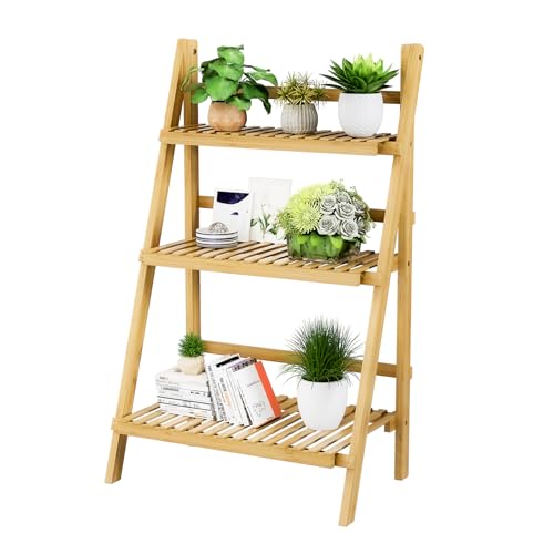 Foldable Ladder Shelf 39.4", Plant Shelf 3 Tier, Bamboo Ladder Flower Pot Display Shelf, Freestanding Ladder Bookshelf for Living Room, Balcony, Yard, Garden, 23.6"W x 15"D x 39.4"H, Natural - color: 3-tier Natural
