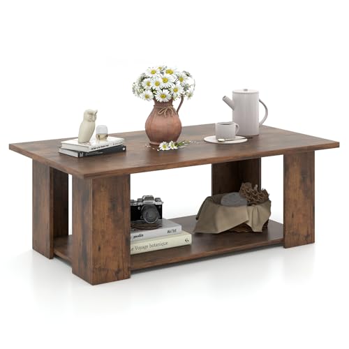 Tangkula 2-Tier Coffee Table, Modern Rectangular Center Cocktail Table with 5 Support Legs, Wooden Accent Living Room Furniture, Small Coffee Table for Small Spaces, Easy Assembly (Rustic Brown) - color: Rustic Brown