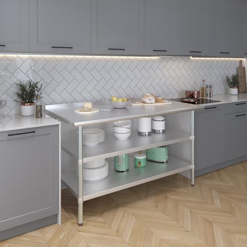 AmGood Stainless Steel Work Table with 1.5" Backsplash and 2 Shelves | Metal Kitchen Food Prep Table | NSF (60" Long x 30" Deep) - size: 60" Long x 30" Deep