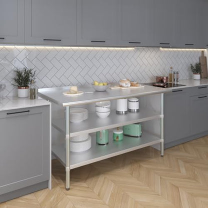 AmGood Stainless Steel Work Table with 1.5" Backsplash and 2 Shelves | Metal Kitchen Food Prep Table | NSF (60" Long x 30" Deep) - size: 60" Long x 30" Deep
