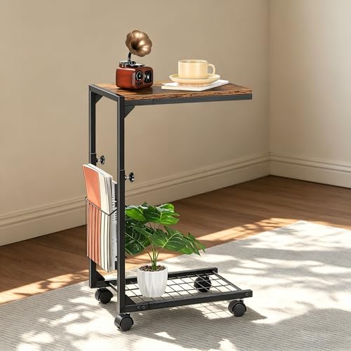 C Shaped Side Table Small End Table with Wheels Slide Under Couch Table for Sofa C Table with Metal Frame Adjustable Height Sofa Table for Living Room Bedroom Small Space, Rustic Brown - color: Rustic Brown