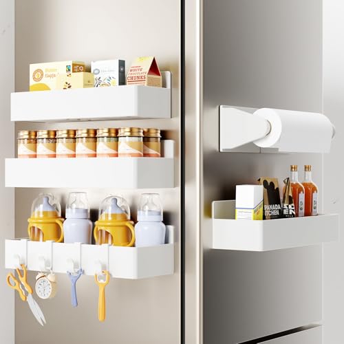 Mystozer Magnetic Spice Rack for Refrigerator, 4 Pack Magnetic Shelf and 1Pack Paper Towel Holder,Fridge Organizers and Storage White(5 Pack) - color: White, size: 5 Pack