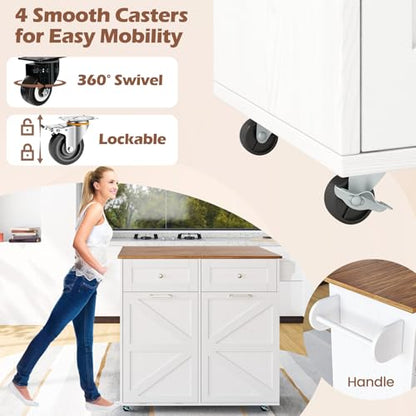 Giantex Kitchen Island Cart with Hidden Tilt Out Trash Can Cabinet, Drop Leaf, 2 Drawers, Towel Rack, Rolling Mobile Breakfast Bar Table, Wood Kitchen Storage Cart on Wheels (White & Natural) - color: White