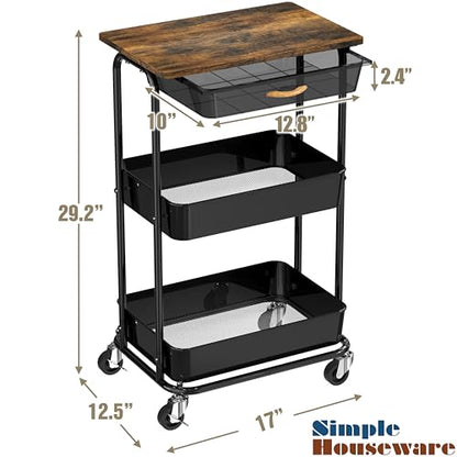 Simple Houseware 3-Tier Rolling Utility Cart with Drawer & Wood Tabletop - Mobile Sofa Side Table, Nightstand, Slim Storage Organizer Trolley for Bedroom, Bathroom, Office & Art Supplies, Rustic Brown - color: Rustic Brown