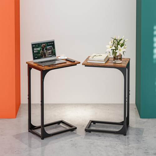 C-Shaped Side Table for Couch - Small Coffee Stand Sofa Tray Desk with Metal Frame and Waterproof Scratch Resistant, Modern End Accent for Living Room, Bedroom, Set of 2, Rustic Brown - color: Rustic Brown, size: 2-Pack, style: Without Power Outlets