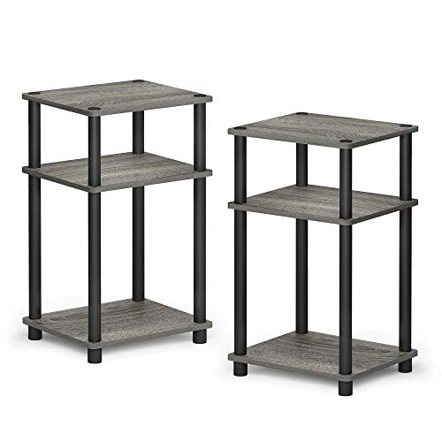 Furinno JUST Side Table Set of 2, 3-Tier Modern End Tables, Open Shelves Night Stand, Nightstand Set, Toolless Assembly, for Living Room, Bedroom, French Oak - color: French Oak Grey/Black, size: 3-Tier, Round Pole, style: 2-Pack