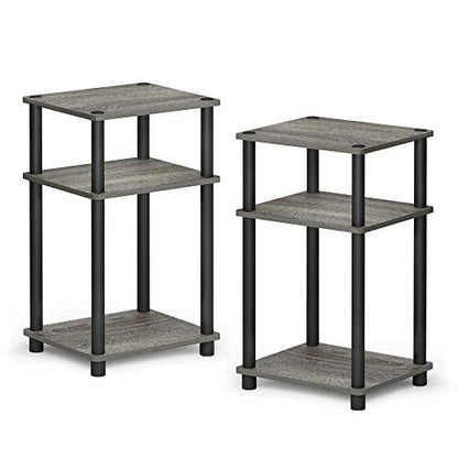 Furinno JUST Side Table Set of 2, 3-Tier Modern End Tables, Open Shelves Night Stand, Nightstand Set, Toolless Assembly, for Living Room, Bedroom, French Oak - color: French Oak Grey/Black, size: 3-Tier, Round Pole, style: 2-Pack