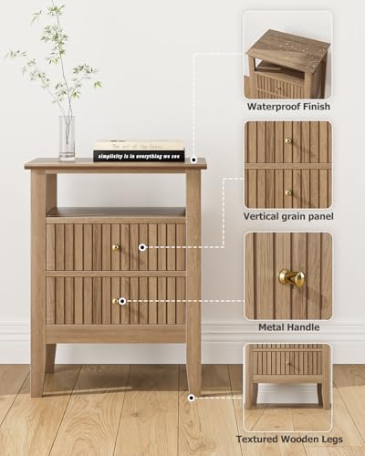 Fluted Nightstand, Farmhouse Night Stand with 2 Drawers, Mid Century Modern Side Accent Table,Bedside End Table for Bedroom, Living Room, Natural - color: Natural, size: 2 Drawers