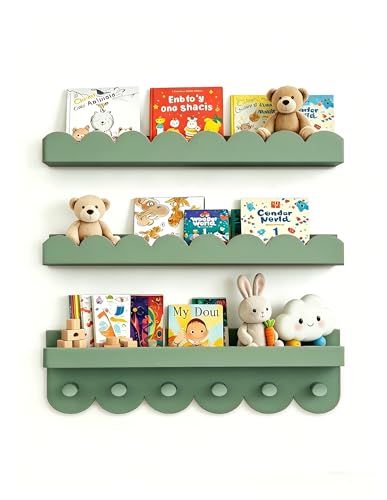 Nursery Book Shelves with Hooks, Scalloped Shelves for Bedroom Set of 3, Kids Bookshelf for Wall, 16Inches, Sage - color: Sage Wood, size: 16 Inches / Set of 3