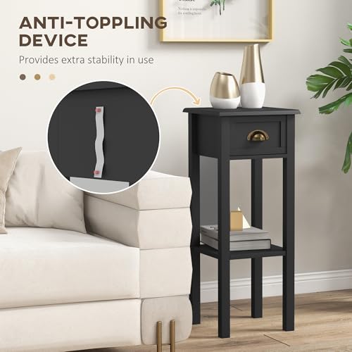 HOMCOM Narrow End Table with Drawer and Bottom Shelf, Slim Side Table for Small Spaces, Skinny Modern Accent Desk for Living Room, Set of 2, Black - color: Black