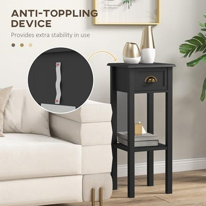 HOMCOM Narrow End Table with Drawer and Bottom Shelf, Slim Side Table for Small Spaces, Skinny Modern Accent Desk for Living Room, Set of 2, Black - color: Black