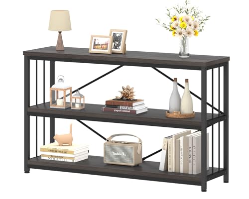IBF Wide Horizontal Bookshelf, Industrial Low 3 Tier Bookcase Gray 47 Inch | Short Wide Bookcase Vintage open Book shelf with Storage, Modern Grey Etagere for Home Office Living Room Bedroom - color: Dark Gray Oak, size: 47 Inch
