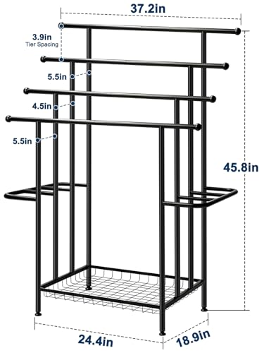 Haturi 4-Tier Free Standing Towel Rack for Bathroom, 45.3" H Black Metal Towel Drying Rack, 18.1" W with Storage Basket, Outdoor Pool Towel Holder for Oversized Towels & Blankets - size: 4 Tier