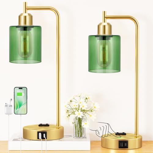 Innqoo Industrial Green Table Lamps for Bedrooms Set of 2-3-Way Dimmable Desk Lamp with USB C+A Ports and Outlet, Gold Lamps with Green Glass Shade for Living Room - color: Green Shade& Gold Base