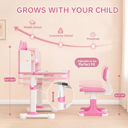 Kids Desk and Chair Set, Height Adjustable Child's School Study Writing Tables, Kids Desk with Bookstand and Storage Drawer, Widened Desktop with Desktop for Boys and Girls (Pink-A-MAX) - color: Pink-a-max