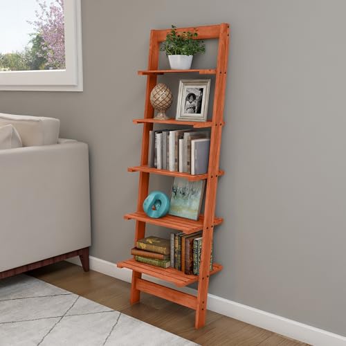 5-Tier Ladder Shelf - 50-Inch Narrow Leaning Bookshelf - Wooden Bookcase for Living Room, Bathroom, Kitchen, Office, or Bedroom Furniture by Lavish Home (Cherry) - color: Cherry