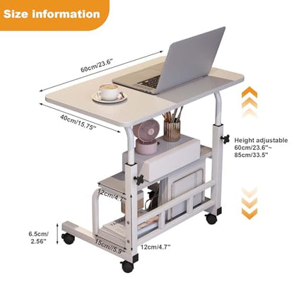 Adjustable Height Mobile Standing Desk with Wheels – Rolling Computer Desk – Storage Shelves – Compact Laptop Table – Home Office & Study - color: White 60 X 40cm