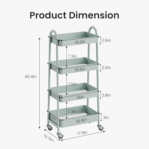 DUMOS 4 Tiers Metal Rolling Utility Cart with Lockable Wheels, Mobile Storage Organizer, Utility Shelving Unit for Kitchen, Office, Bathroom, Laundry, Narrow Places, Light Green - color: 4-tier Green