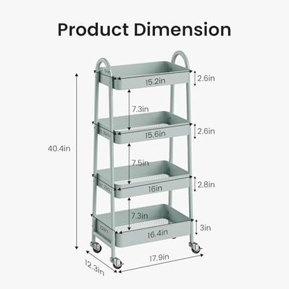 DUMOS 4 Tiers Metal Rolling Utility Cart with Lockable Wheels, Mobile Storage Organizer, Utility Shelving Unit for Kitchen, Office, Bathroom, Laundry, Narrow Places, Light Green - color: 4-tier Green