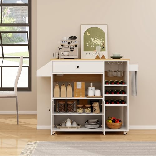 Giantex Rolling Kitchen Island Cart with Drop Leaf, Power Outlet, Spice Rack, 12 Wine Rack, Glass Holder, Drawer, Storage Cabinet, Towel Rack, Island Table for Breakfast Coffee Bar (White & Natural) - color: White & Natural